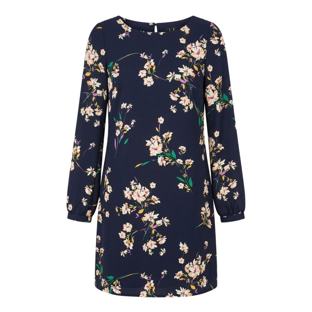 Lulus - Herbaceous Babe Navy Floral Print Long Sleeve Shift Dress (M)